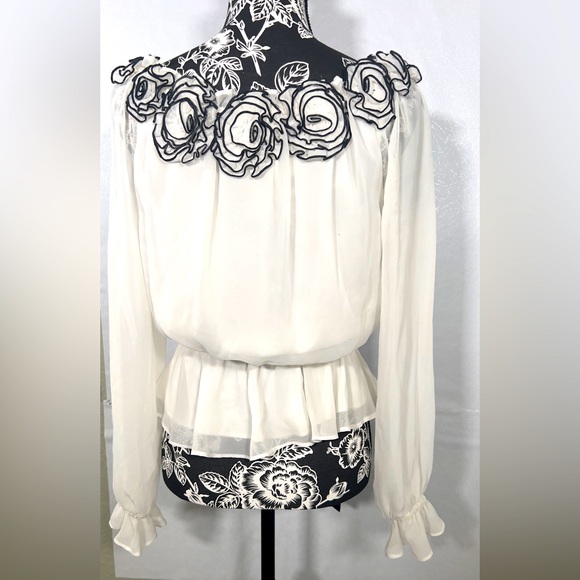 Simply Liliana Tops - Simply Lilian Rosette Trimmed Woman’s Peasant Blouse Ivory & Black Size M NWOT